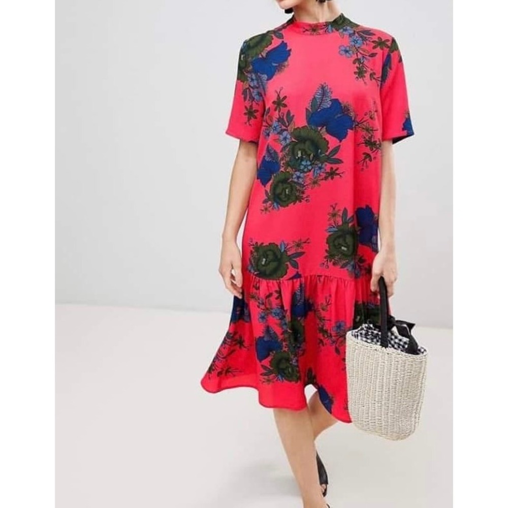 Jacqueline de Yong Red Floral Midi Dress Size 38 Boho Cottage Lightweight Flowy